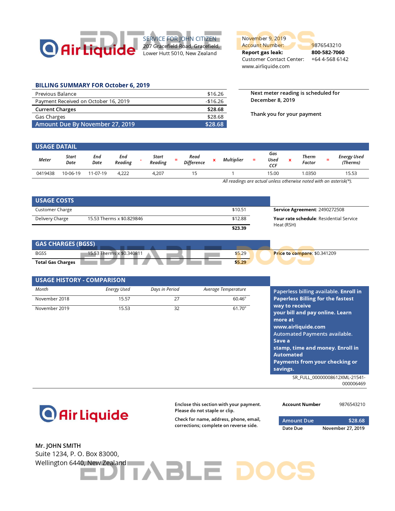 New Zealand Air Liquide gas utility bill template in Word and PDF format
