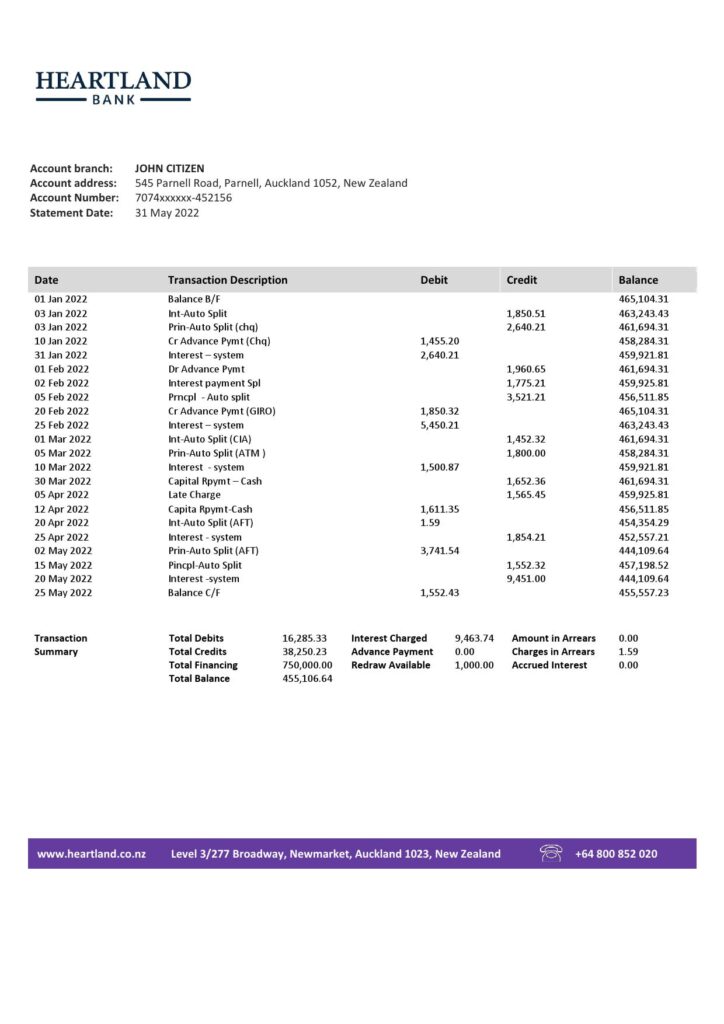 New Zealand Heartland bank statement template in Word and PDF format