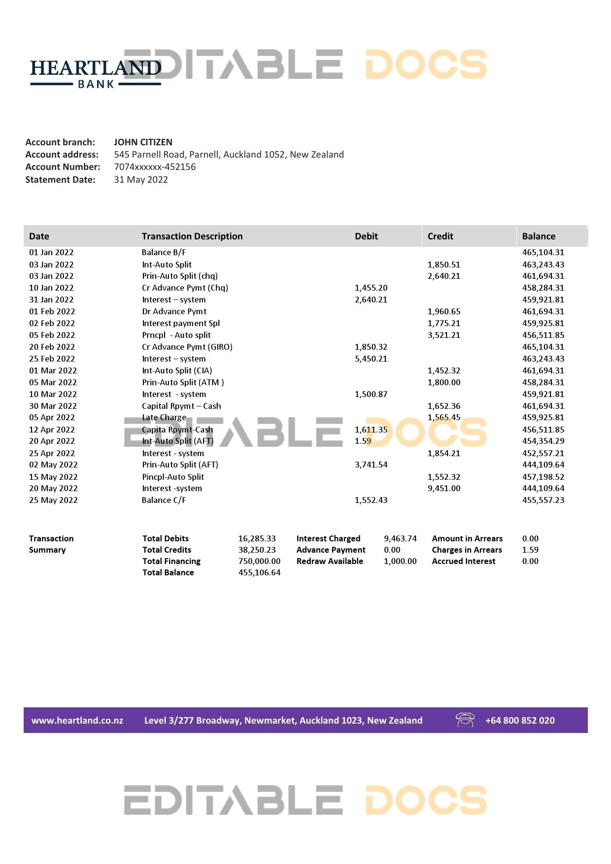 New Zealand Heartland bank statement template in Word and PDF format
