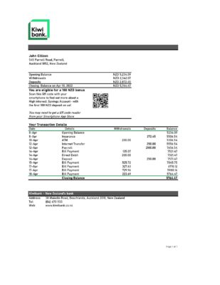 New Zealand Kiwibank bank statement Excel and PDF template