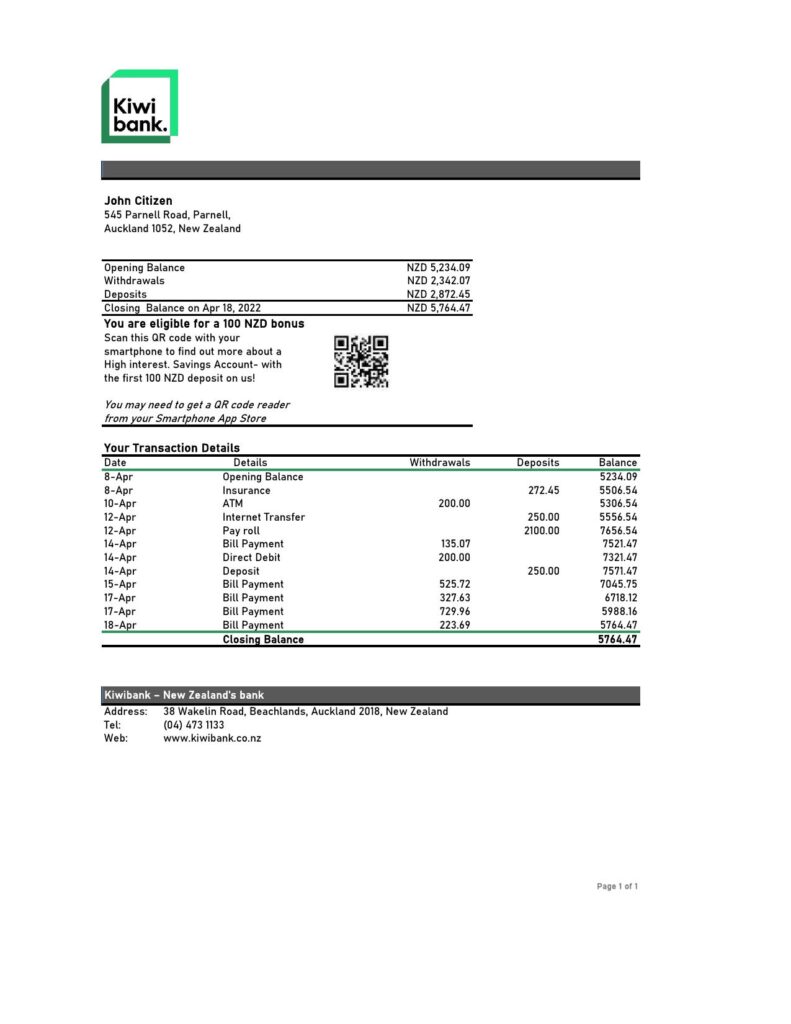 New Zealand Kiwibank bank statement Excel and PDF template