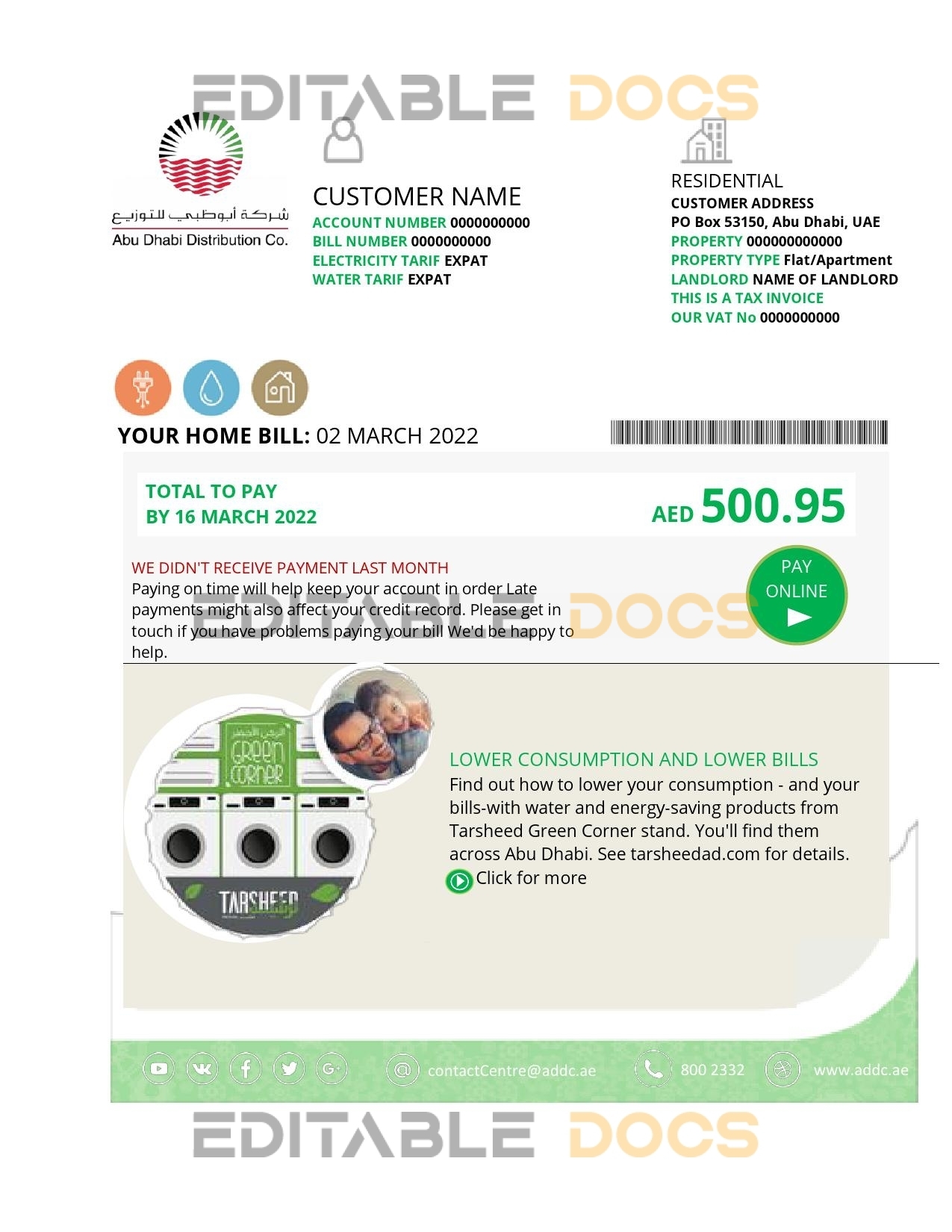UAE Abu Dhabi Distribution Co. utility bill template in Word and PDF format