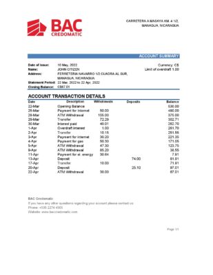Nicaragua BAC Credomatic bank statement Excel and PDF template