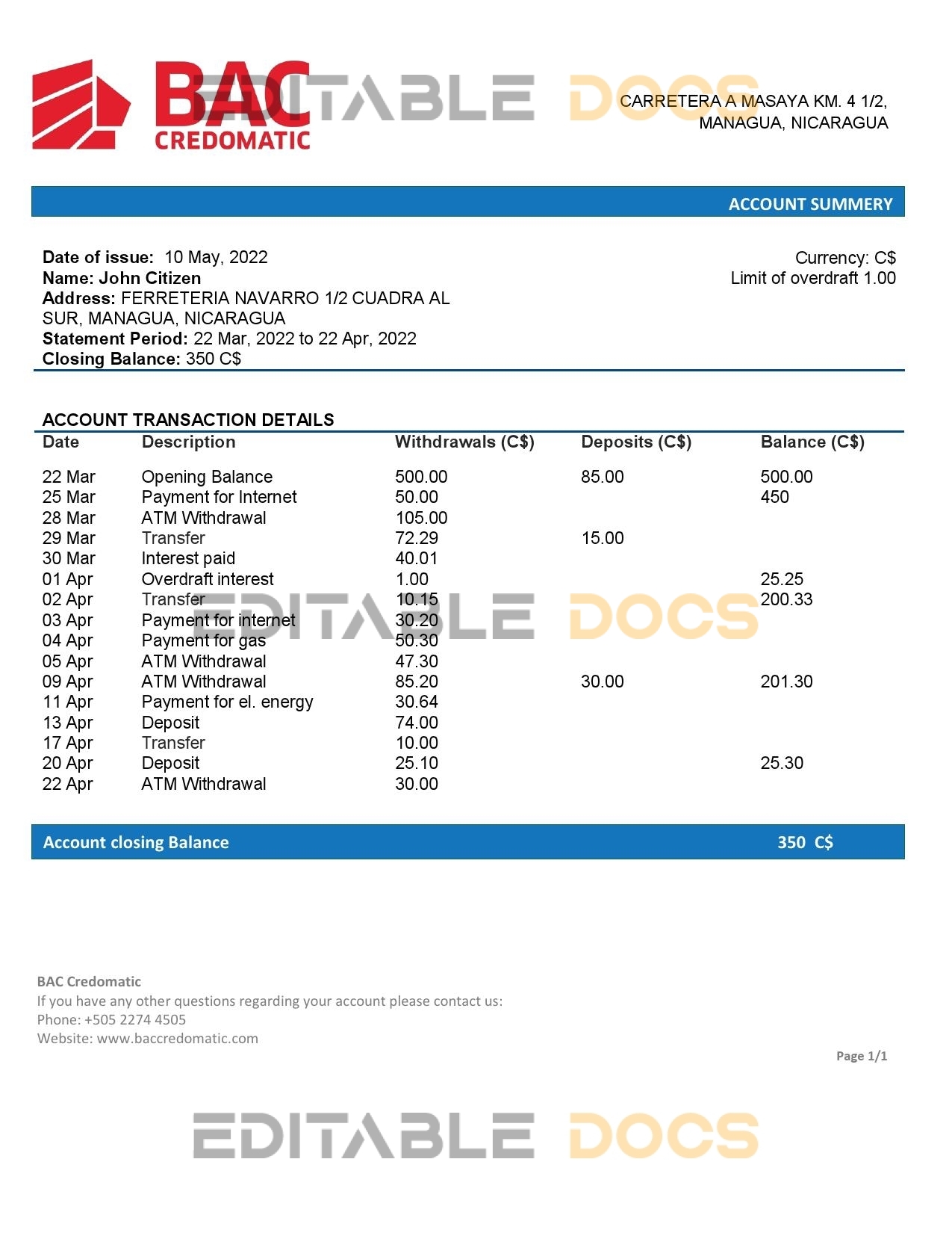 Nicaragua BAC Credomatic bank statement template in Word and PDF format