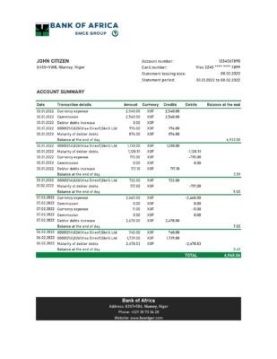 Niger Bank of Africa bank statement Excel and PDF template