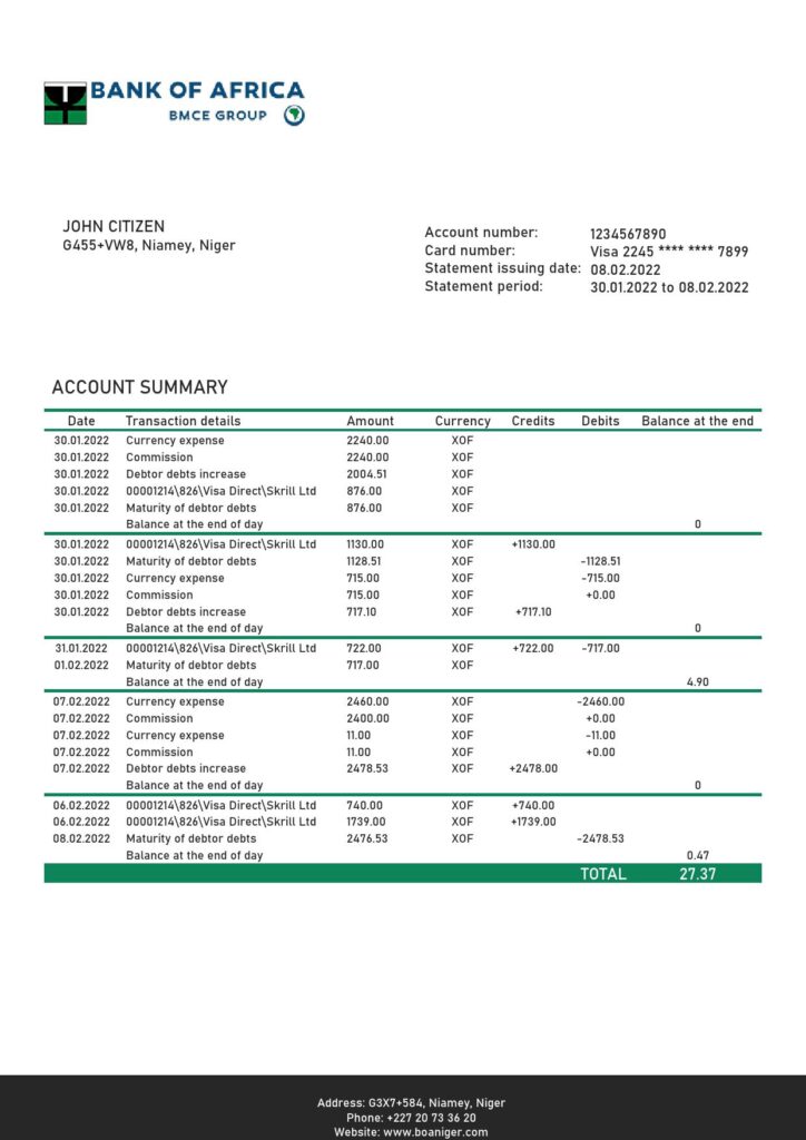 Niger Bank of Africa bank statement template in Word and PDF format