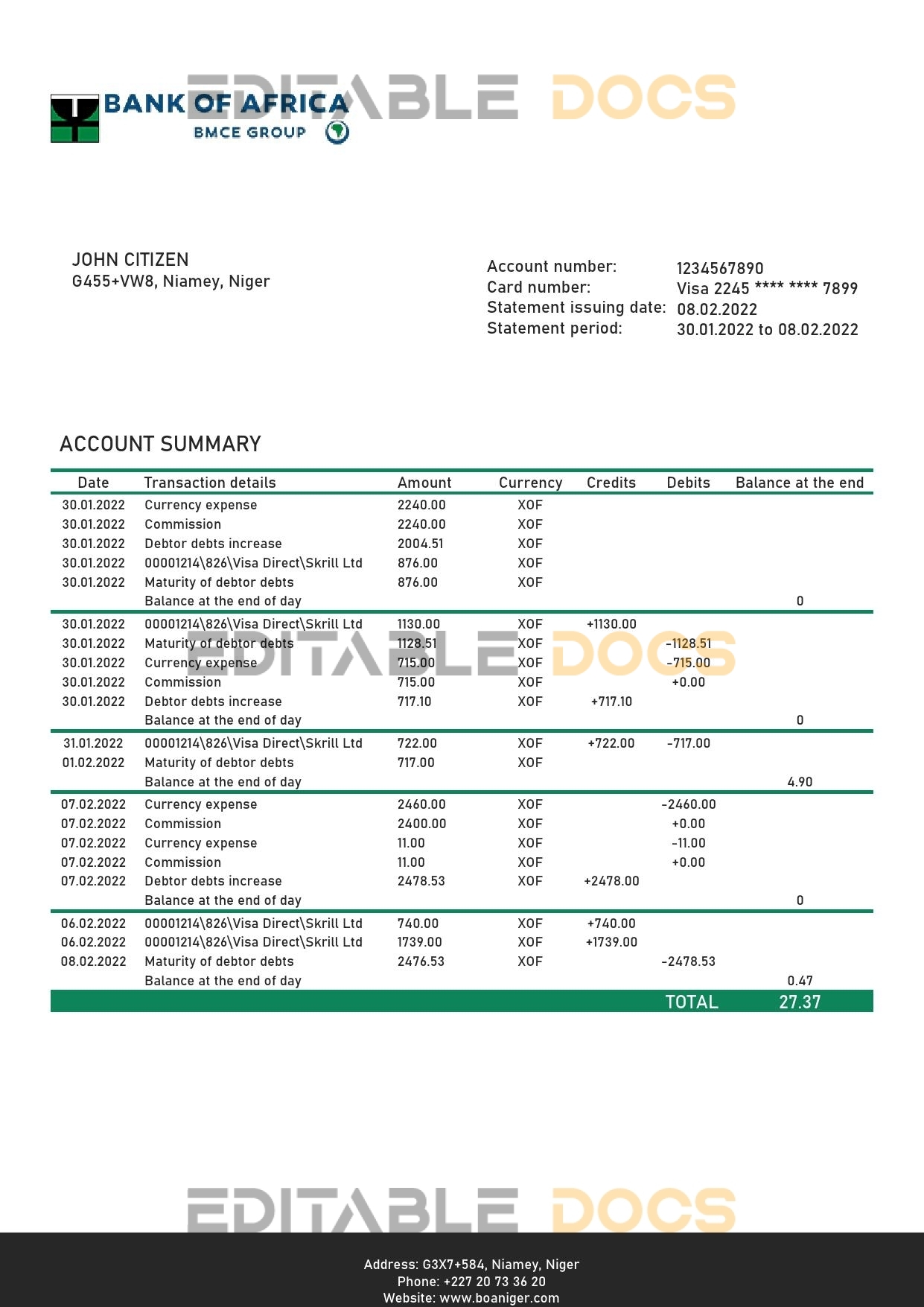 Niger Bank of Africa bank statement template in Word and PDF format