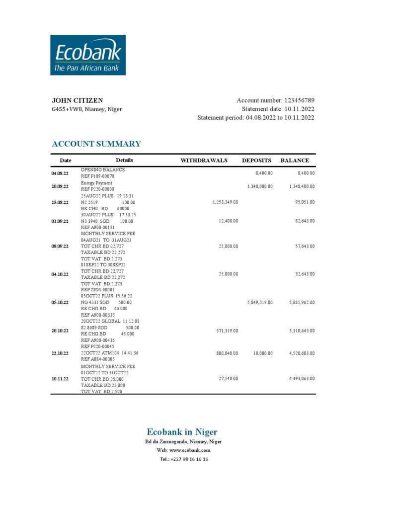 Niger Ecobank bank statement Excel and PDF template