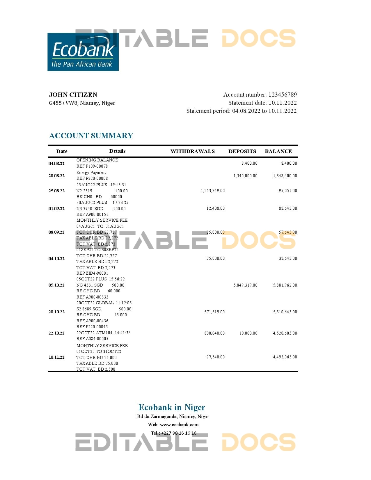 Niger Ecobank bank statement Excel and PDF template