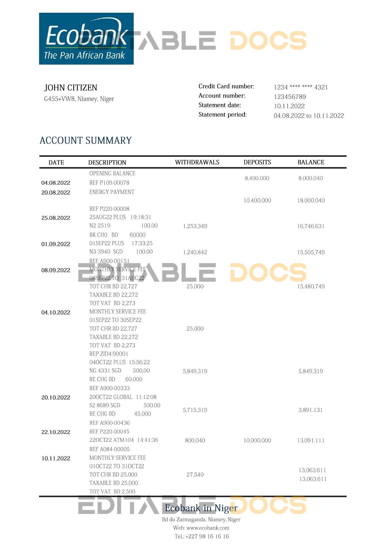 Niger Ecobank bank statement template in Word and PDF format