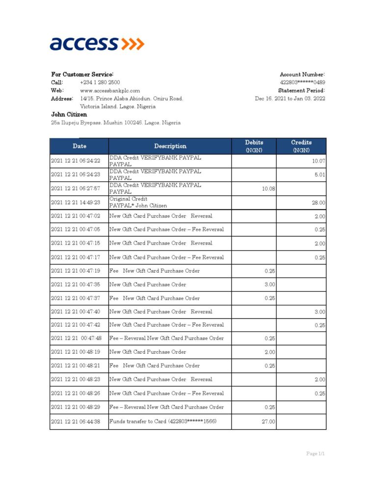 Nigeria Access bank statement Excel and PDF template