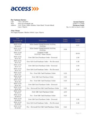 Nigeria Access bank statement template in Word and PDF format