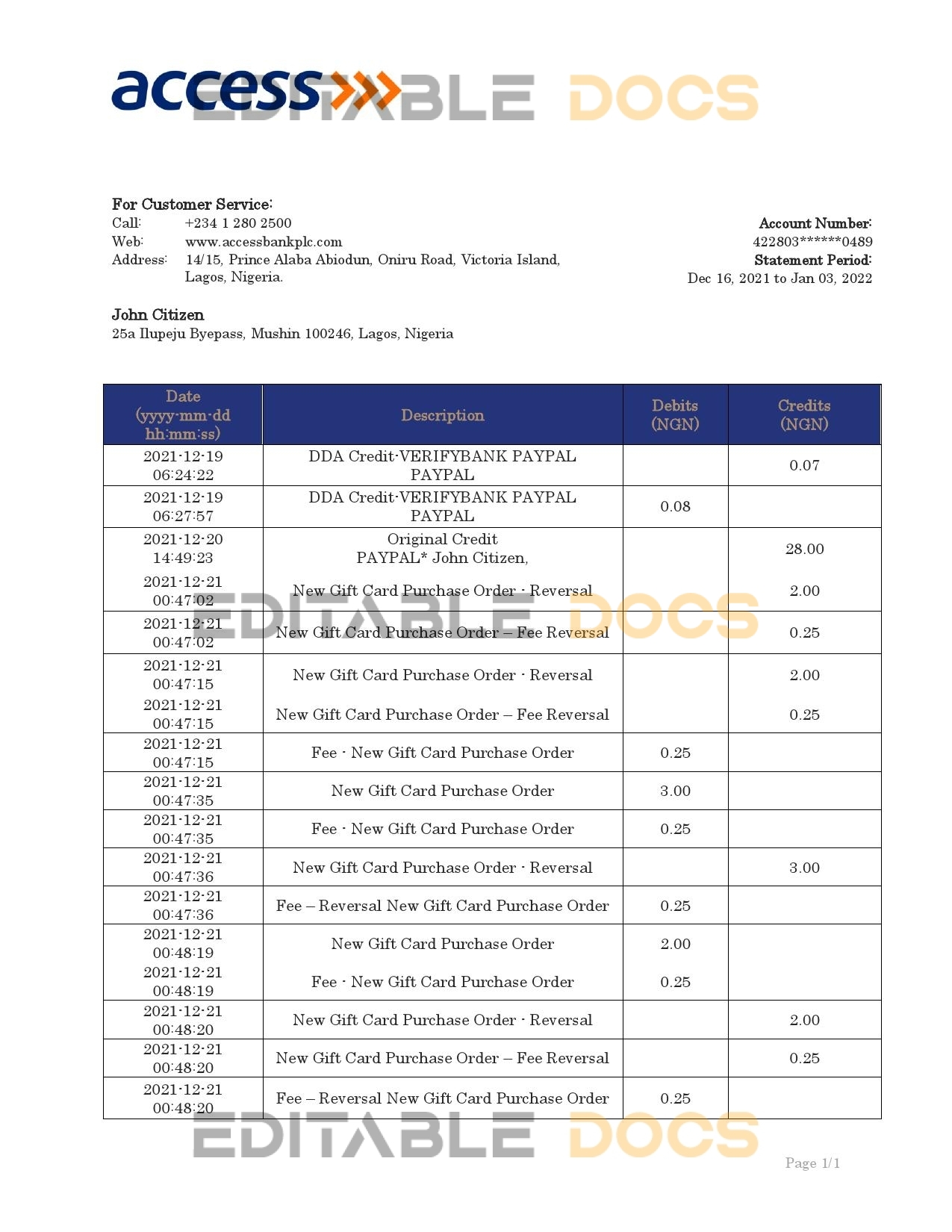 Nigeria Access bank statement template in Word and PDF format
