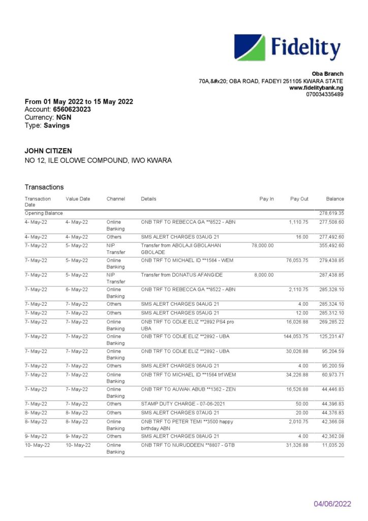 Nigeria Fidelity bank statement, Word and PDF template