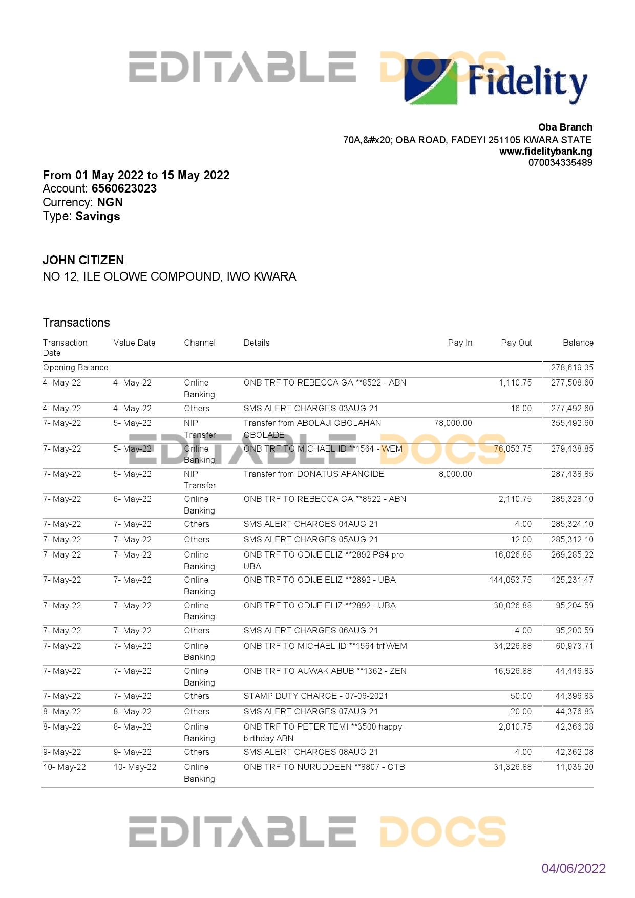 Nigeria Fidelity bank statement, Word and PDF template