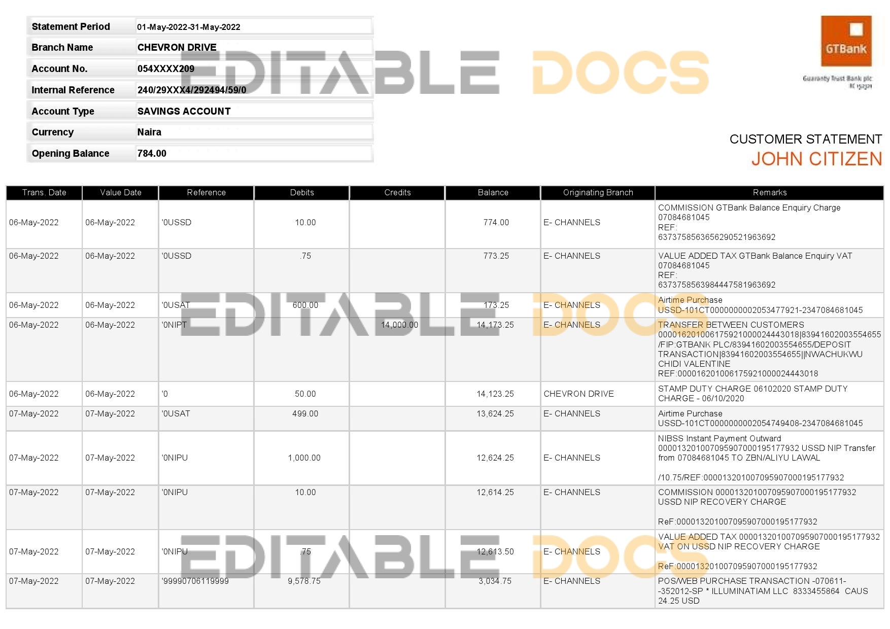 Nigeria GTBank statement, Word and PDF template, version 2