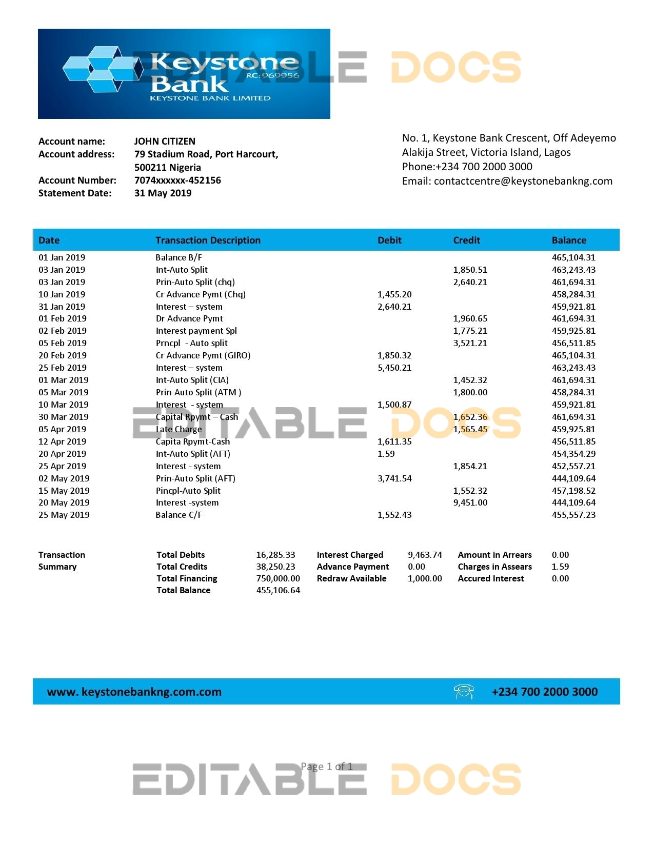 Nigeria Keystone Bank statement template in Word and PDF format, good for address prove