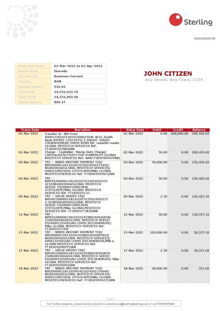 Nigeria Sterling bank statement Word and PDF template, 2 pages 1