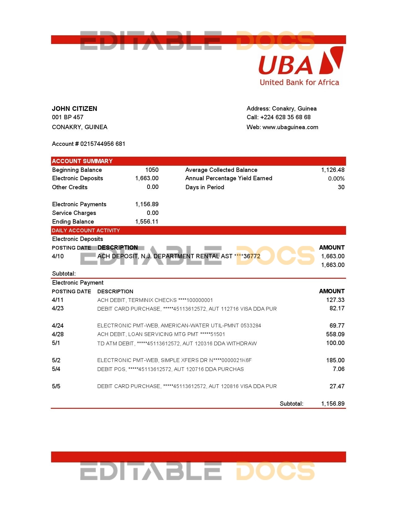 Nigeria UBA bank statement Excel and PDF template