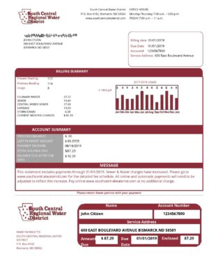 USA Editable Templates 5 USA North Dakota South Central Regional Water District utility bill template in Word and PDF format