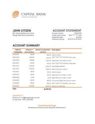 North Macedonia Capital Bank statement Excel and PDF template