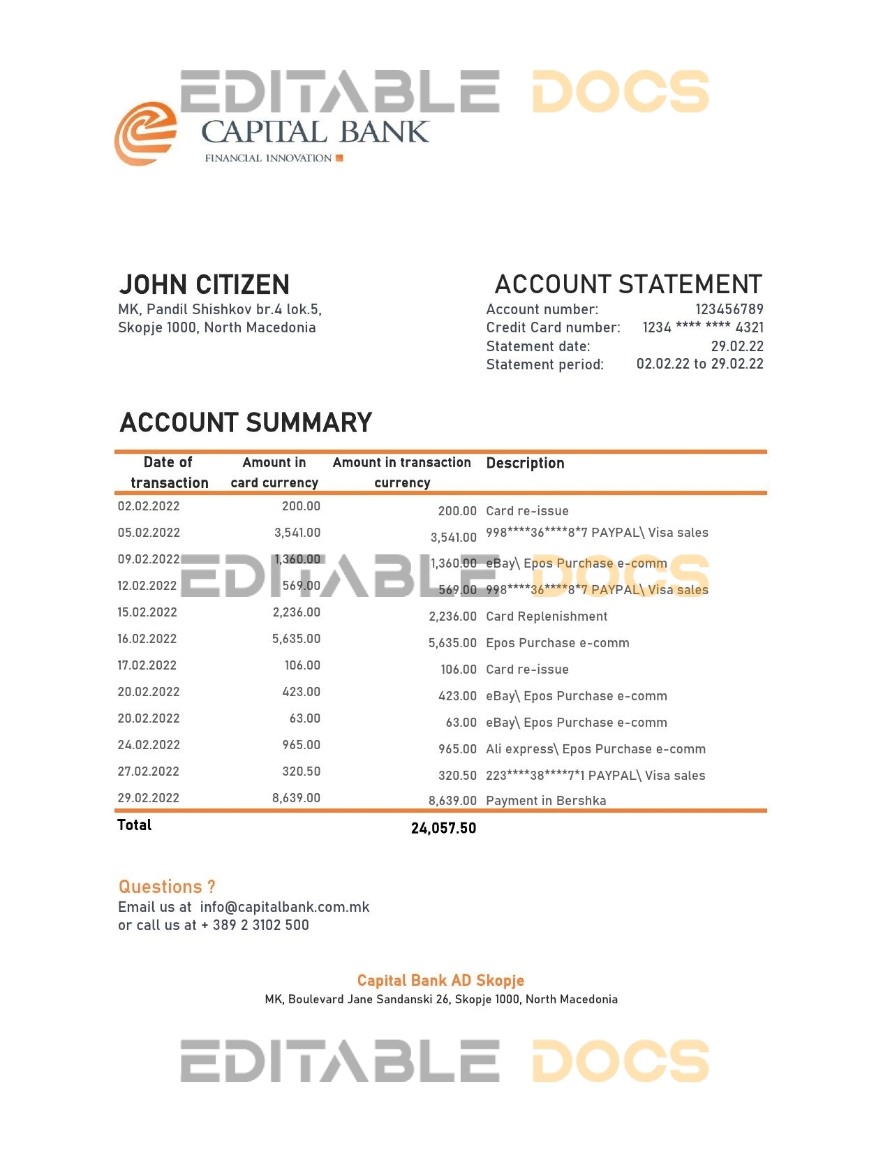 North Macedonia Capital Bank statement Excel and PDF template