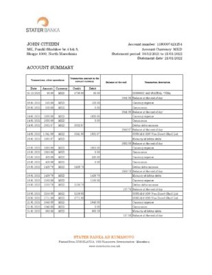 North Macedonia Stater Banka bank statement Excel and PDF template
