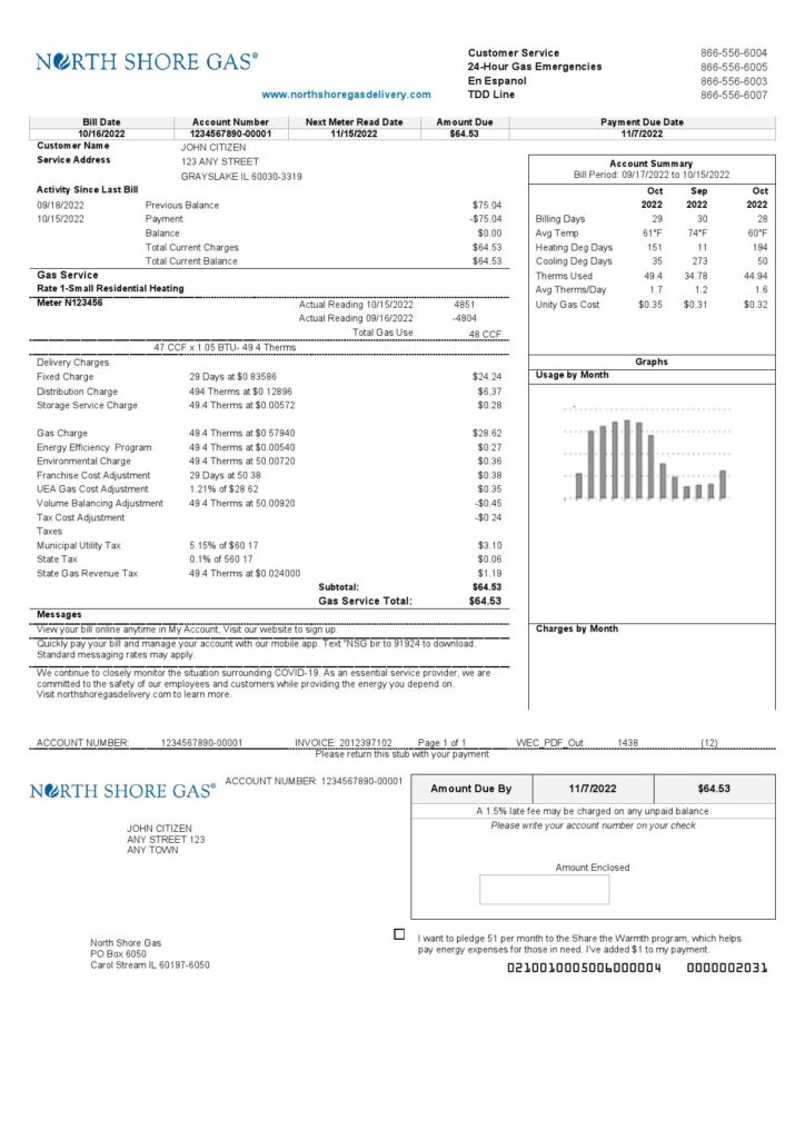USA Illinois North Shore Gas utility bill template in Word and PDF format