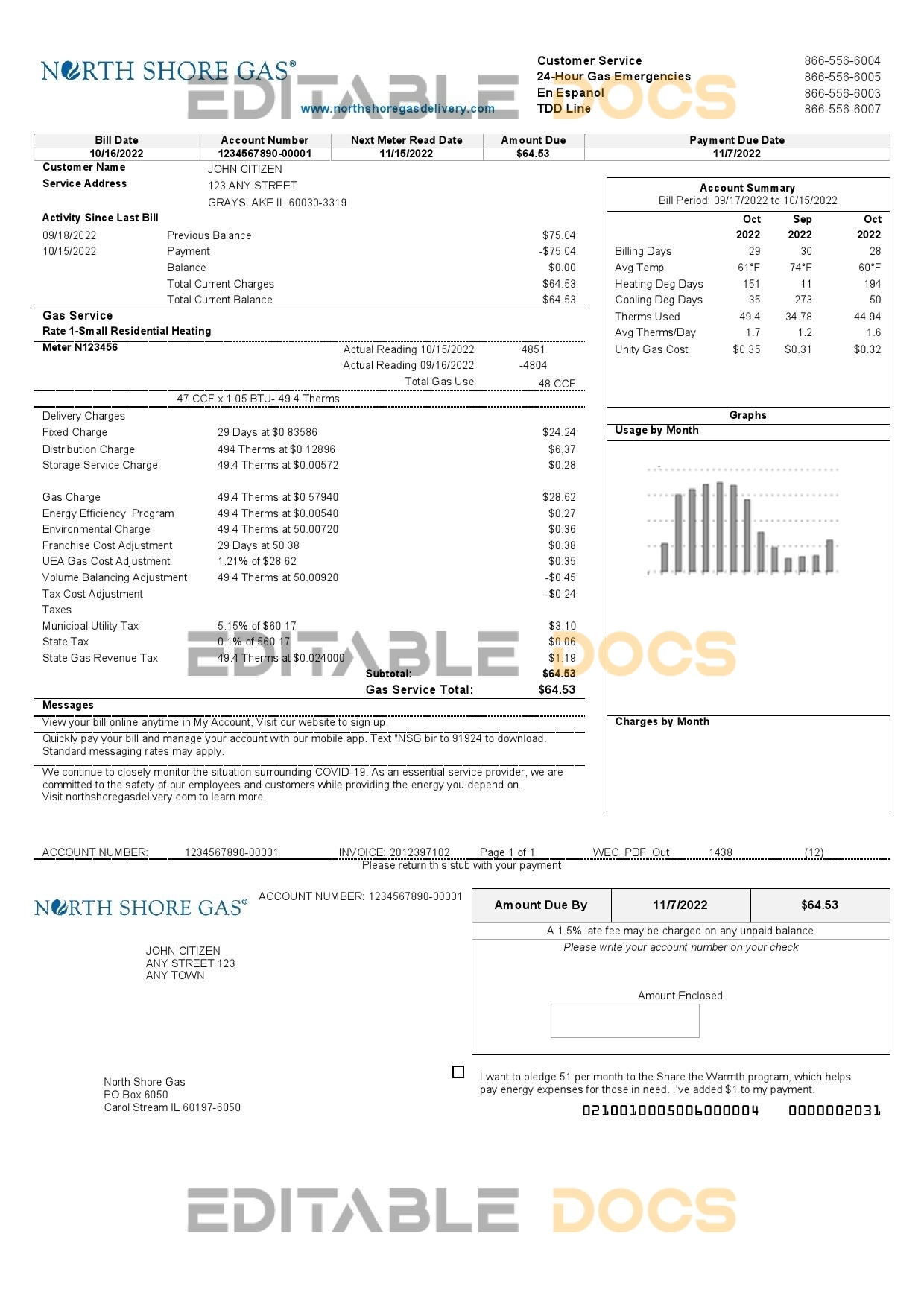 USA Illinois North Shore Gas utility bill template in Word and PDF format
