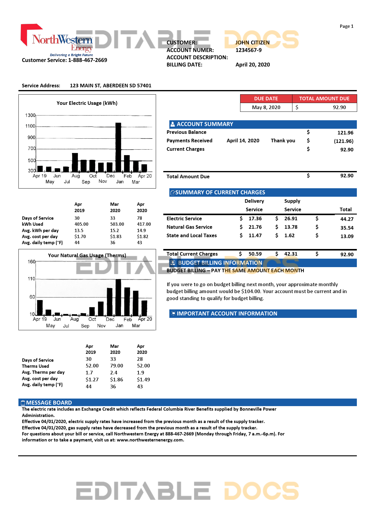USA NorthWestern Energy utility bill template in Word and PDF format, version 1