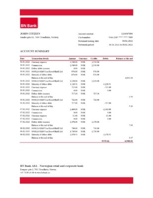 Norway BN Bank statement Excel and PDF template