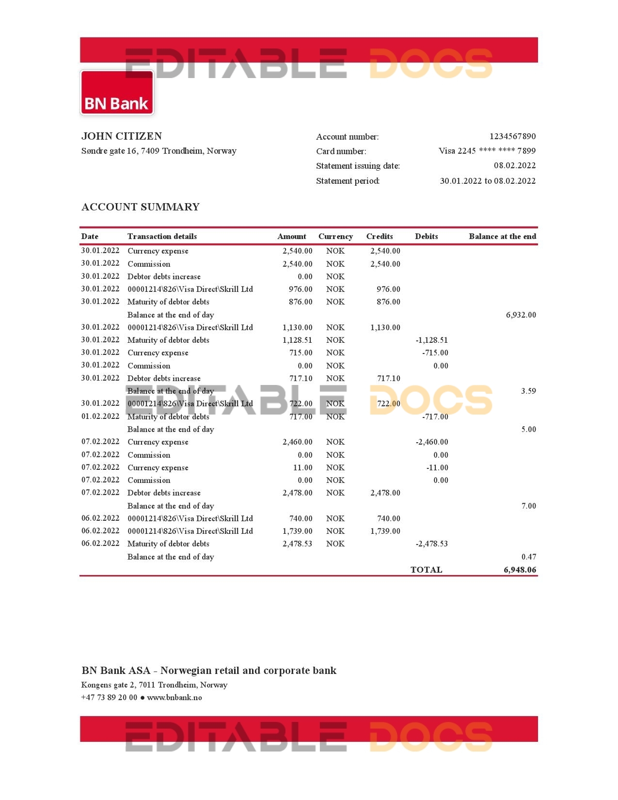 Norway BN Bank statement Excel and PDF template