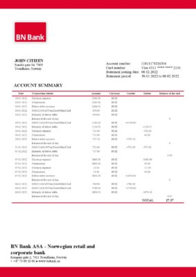 Norway BN bank statement template in Word and PDF format