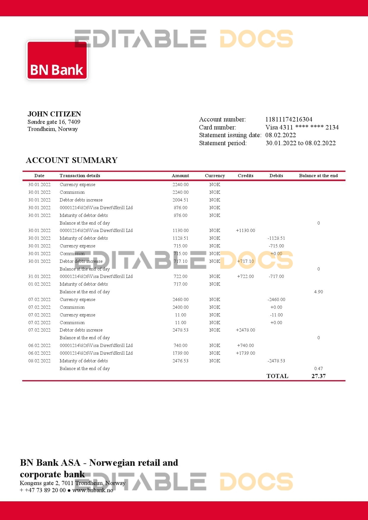 Norway BN bank statement template in Word and PDF format