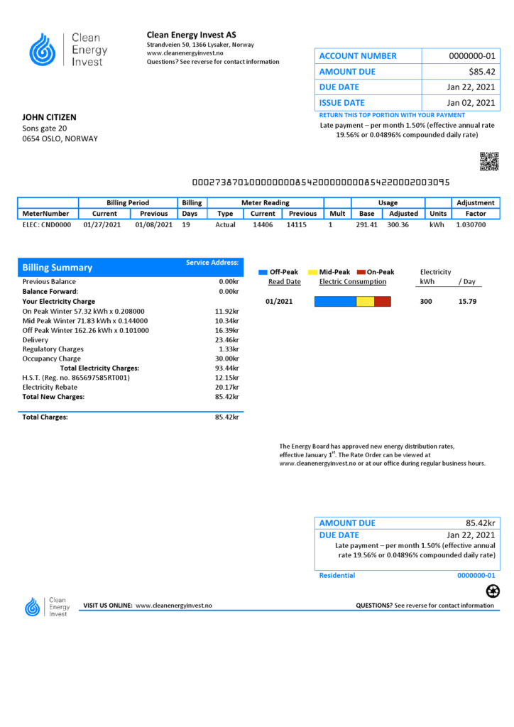 Norway Clean Energy Invest AS utility bill template in Word and PDF format, good for address prove