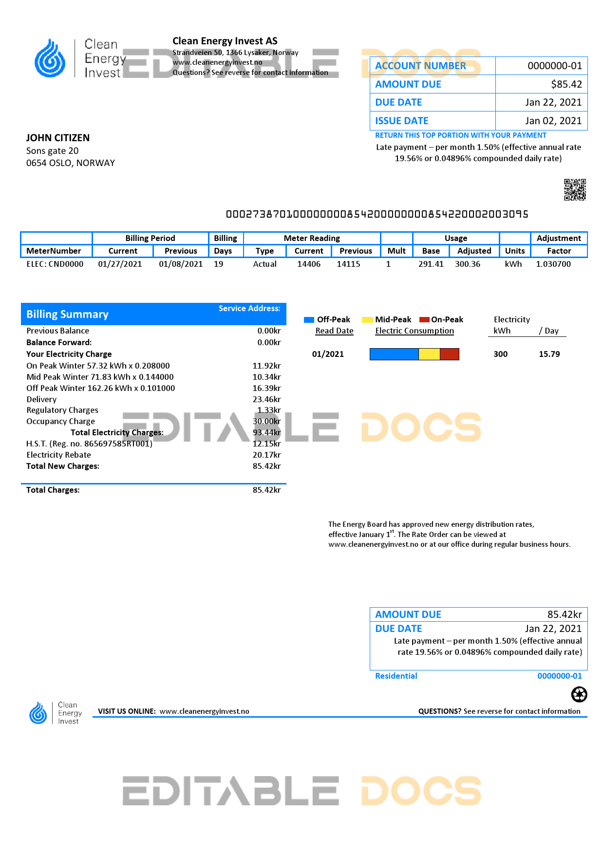 Norway Clean Energy Invest AS utility bill template in Word and PDF format, good for address prove
