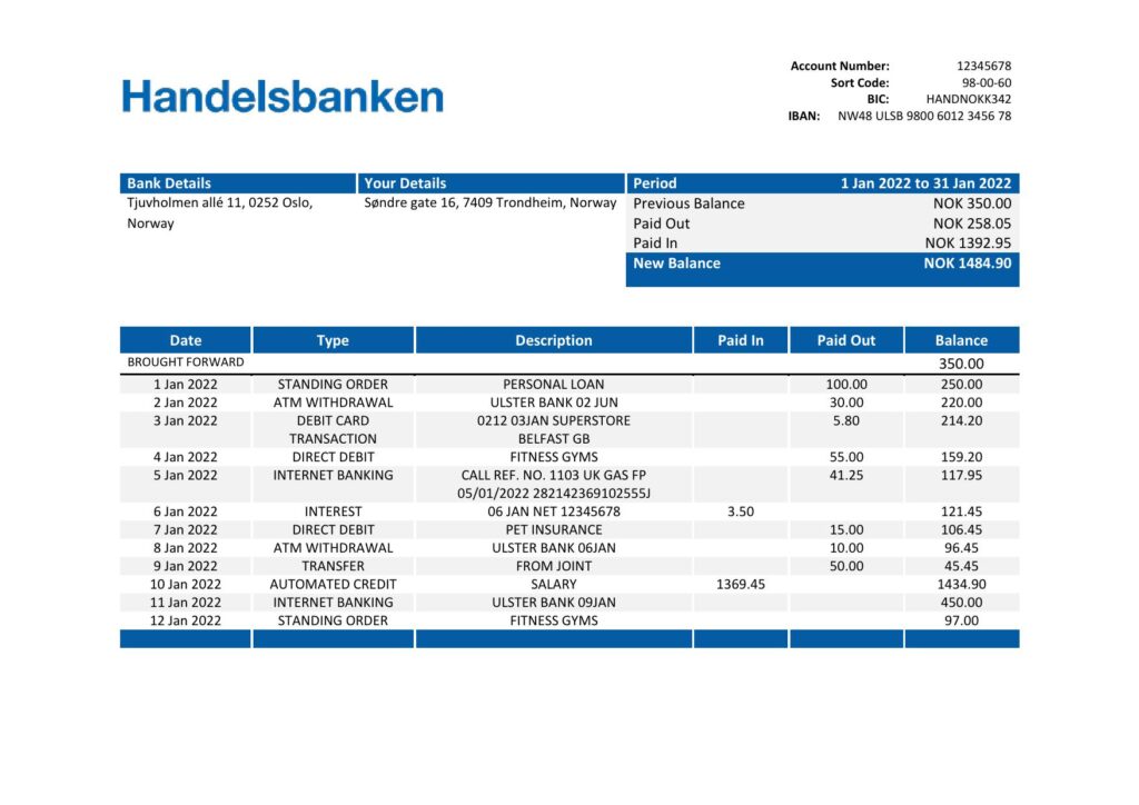 Norway Handelsbank bank statement template in Word and PDF format