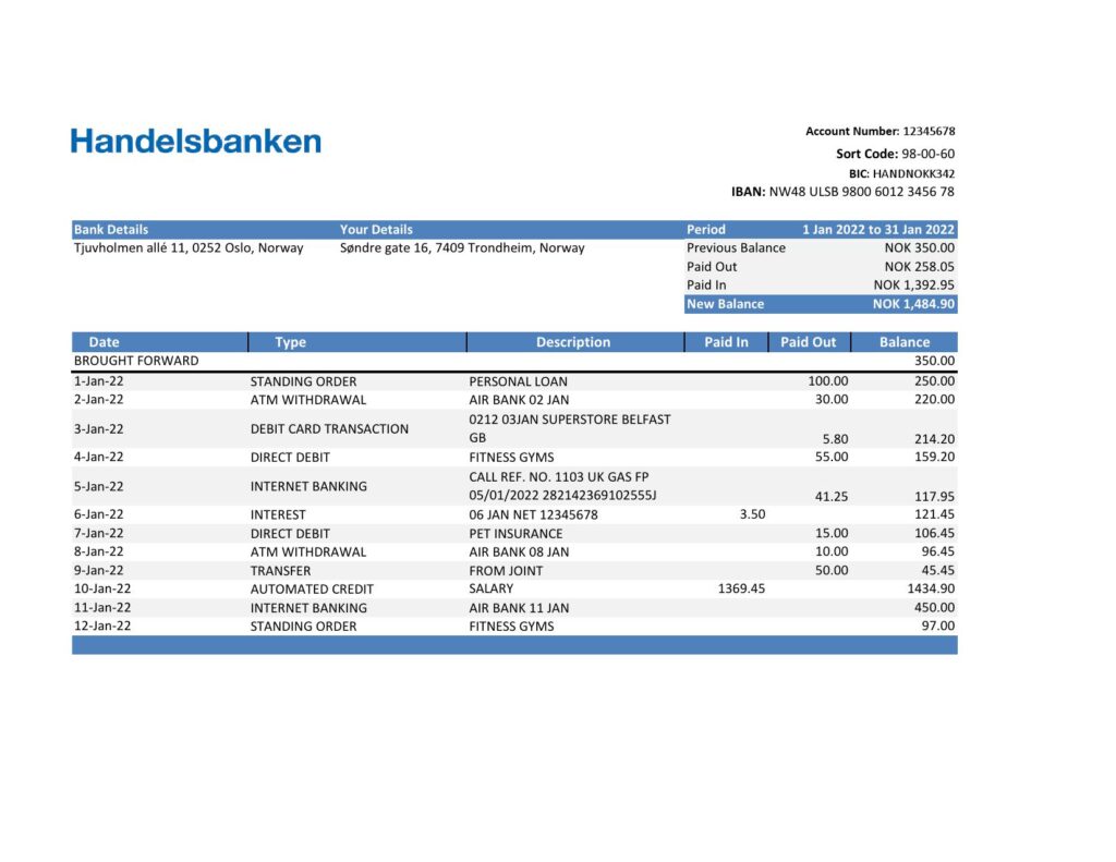 Norway Handelsbank statement Excel and PDF template