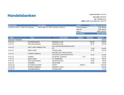 Norway Handelsbank statement Excel and PDF template