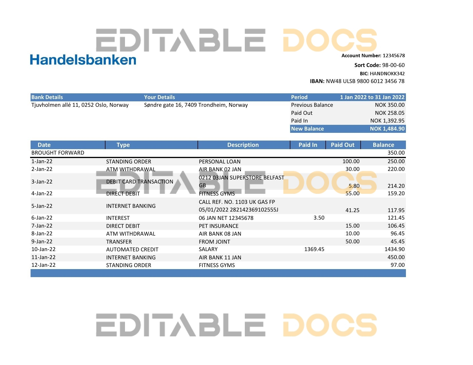Norway Handelsbank statement Excel and PDF template