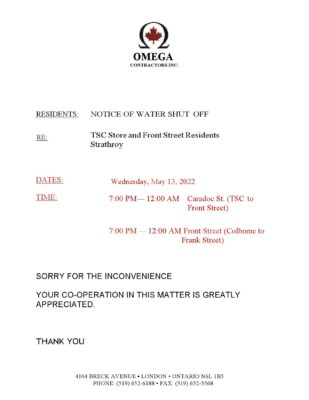 Canada Ontario Omega Contractors Inc. water utility bill shutoff notice, Word and PDF template
