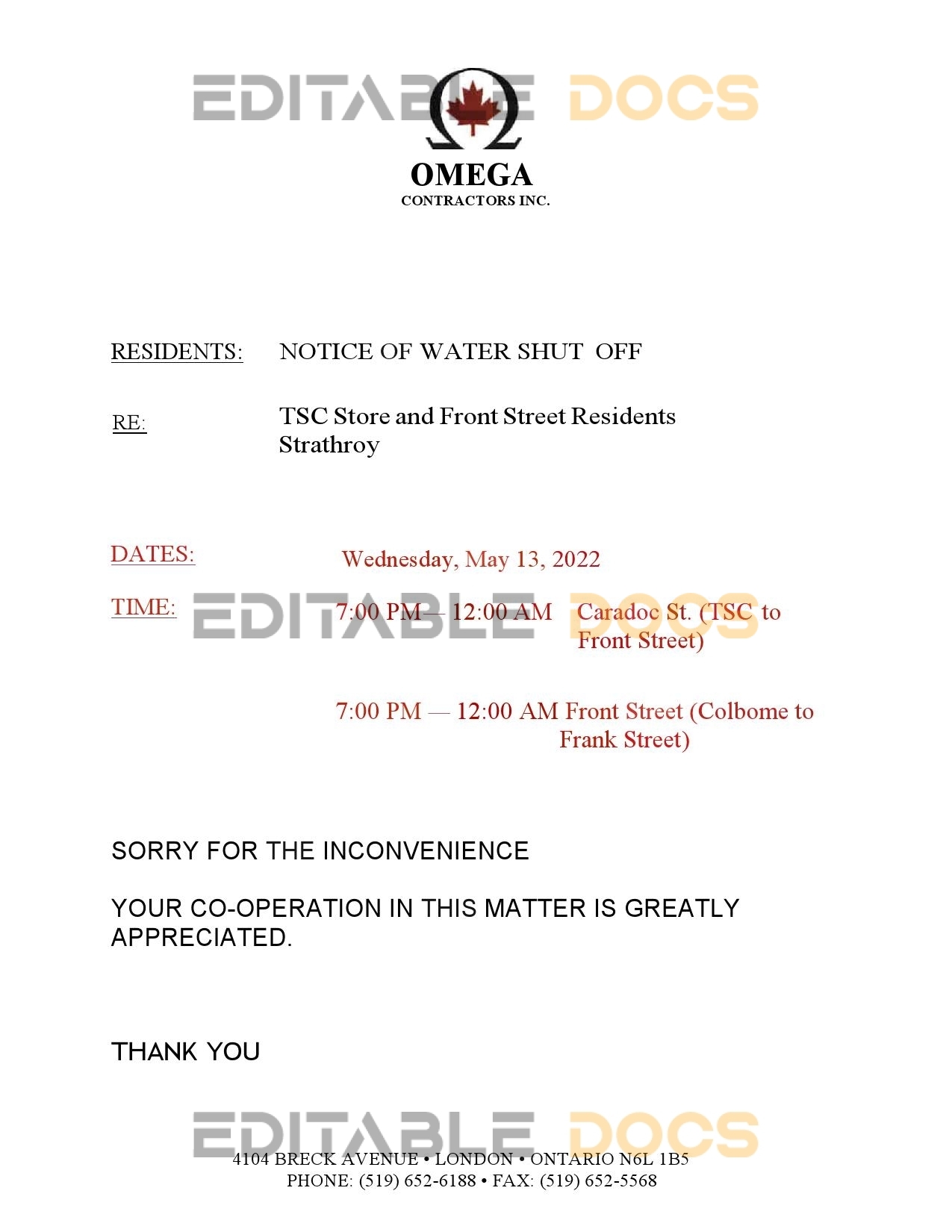 Canada Ontario Omega Contractors Inc. water utility bill shutoff notice, Word and PDF template