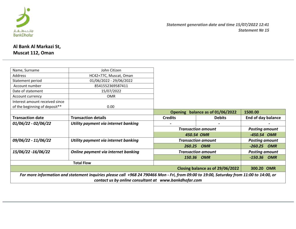 Oman Bank Dhofar bank statement template in Word and PDF format