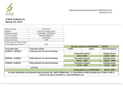 Oman Bank Dhofar bank statement template in Word and PDF format