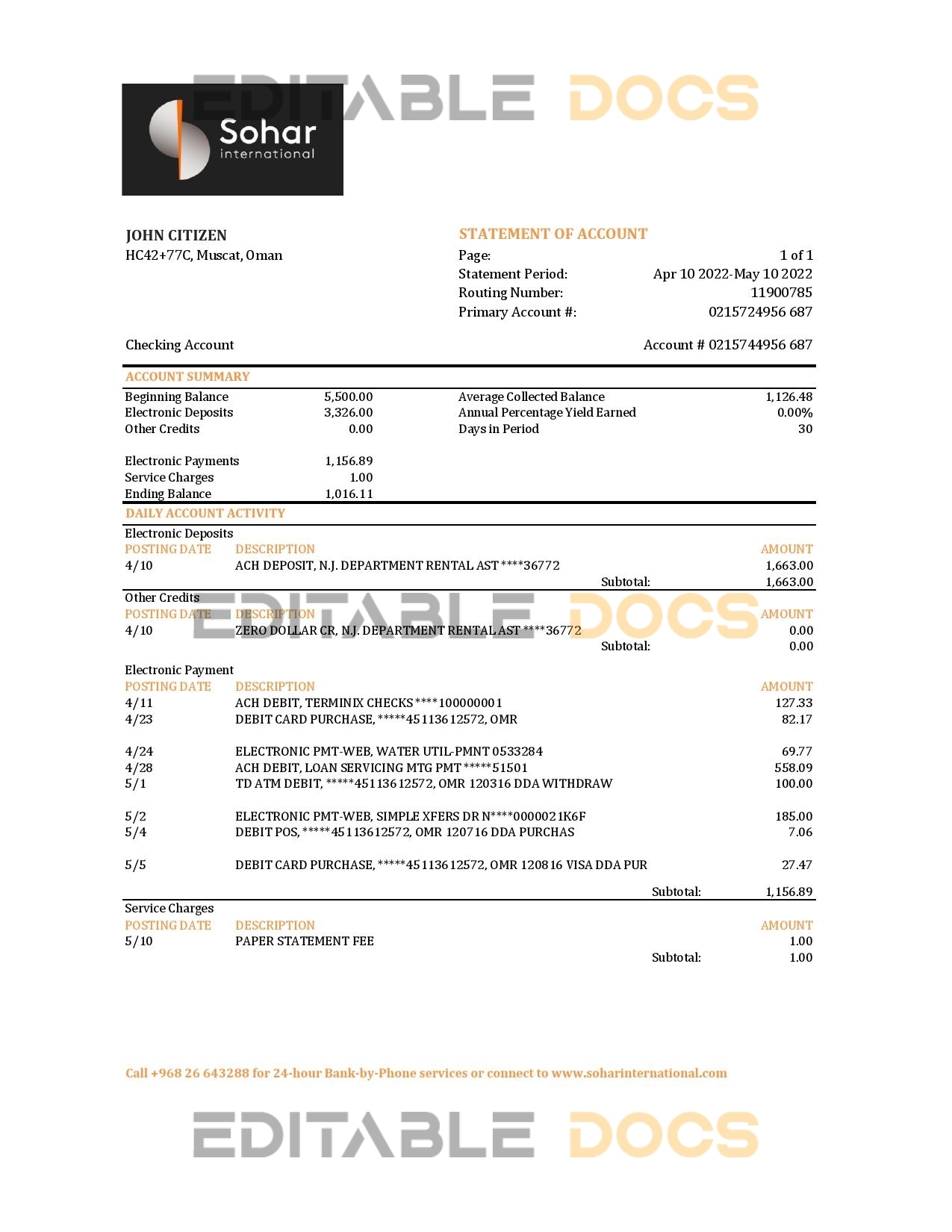 Oman Sohar International bank statement Excel and PDF template