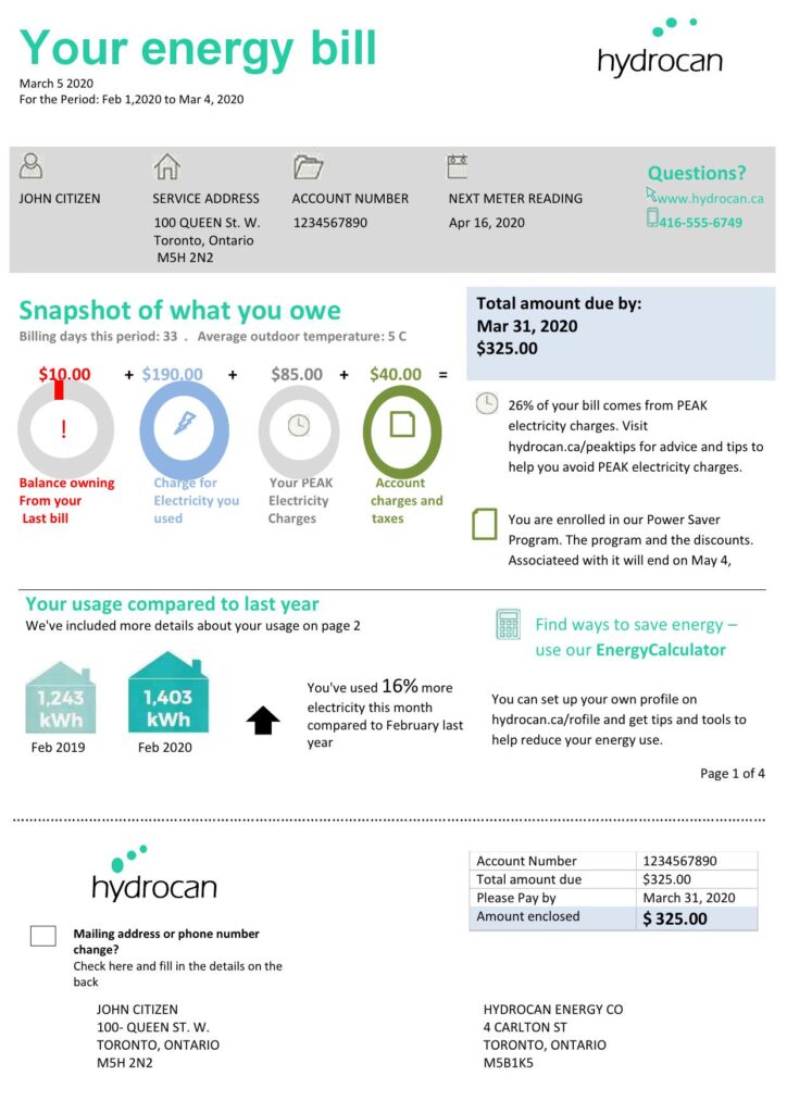 USA Ontario Hydrocan electricity utility bill template in Word and PDF format