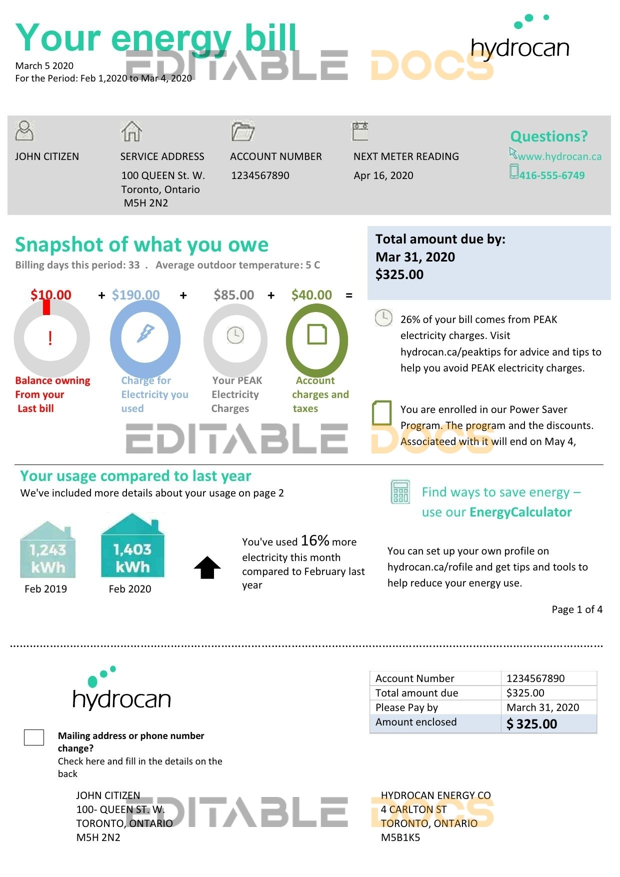 USA Ontario Hydrocan electricity utility bill template in Word and PDF format