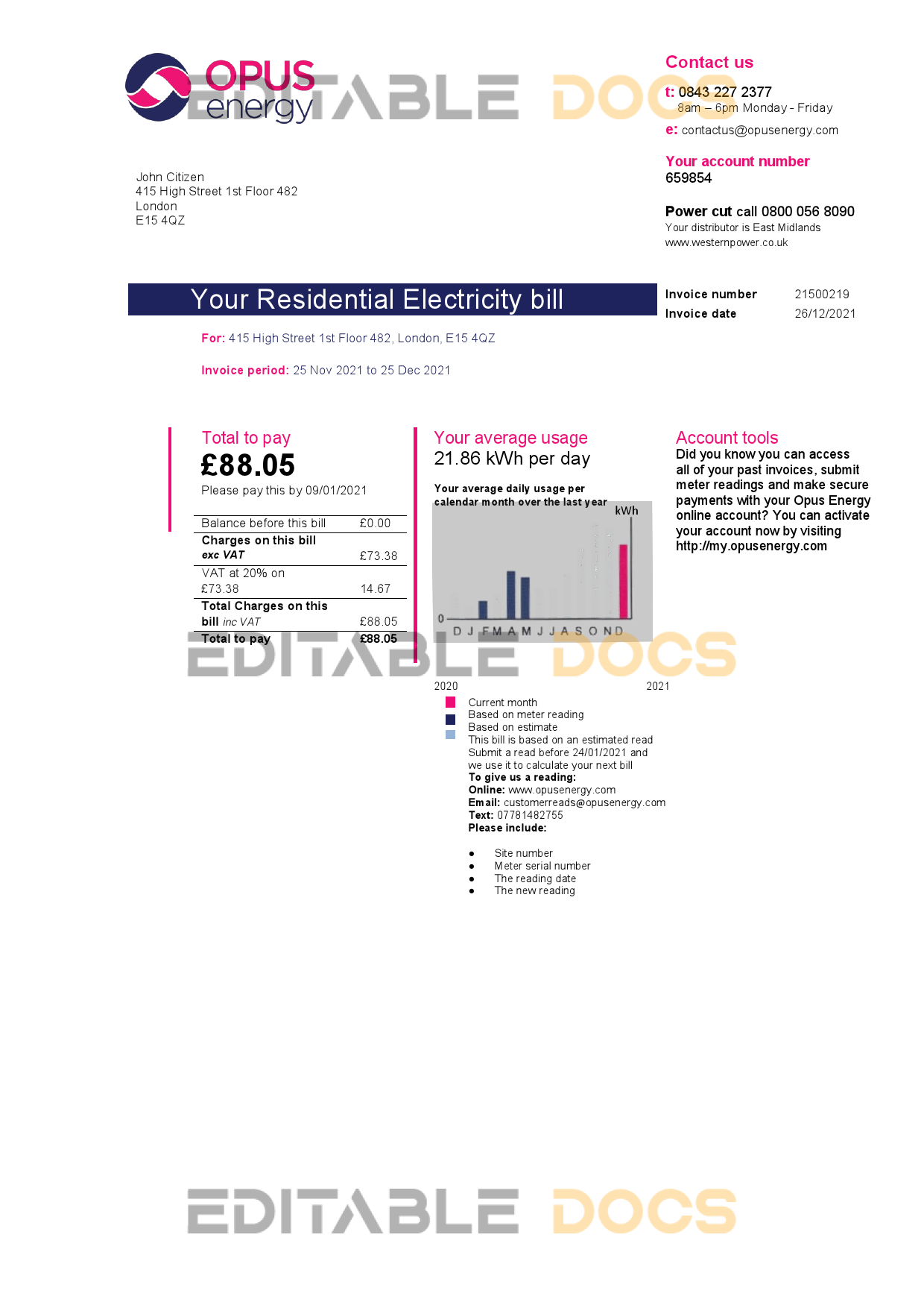 United Kingdom Opus Energy electricity utility bill template in Word and PDF format (2 pages)