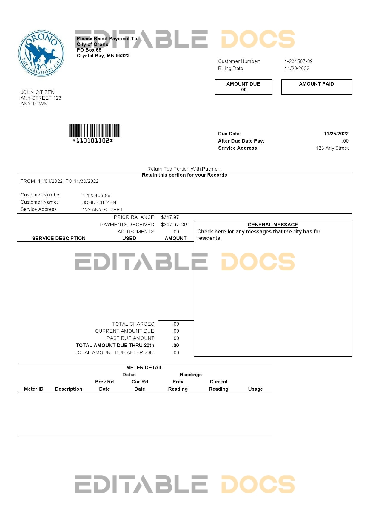 USA Nevada Orono The Lakehore City utility bill template in Word and PDF format