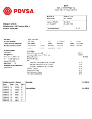 Venezuela PDVSA Gas utility bill template in Word and PDF format